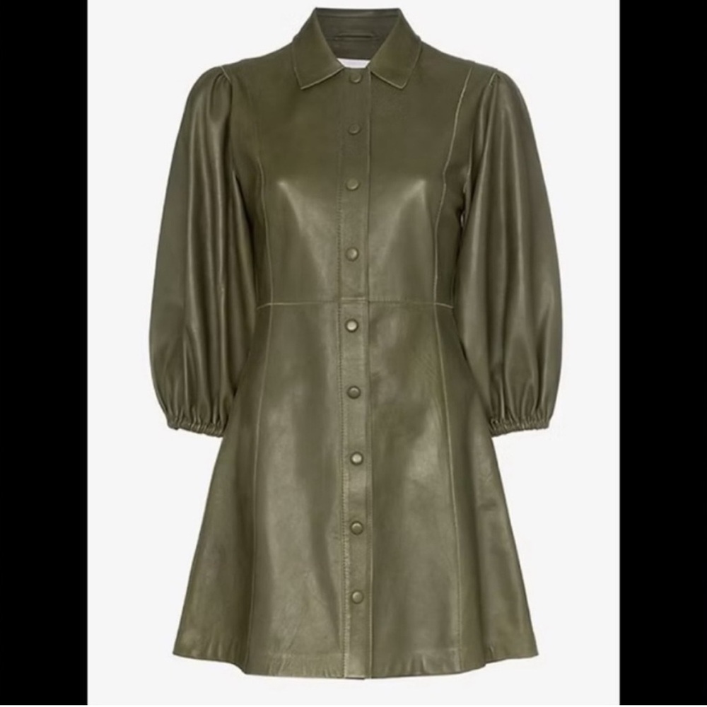 GANNI Leather Olive Green Meranti Puffed
Sleeve Dress Goddess - Size 38 EU/ 8 US - Picture 3 of 14